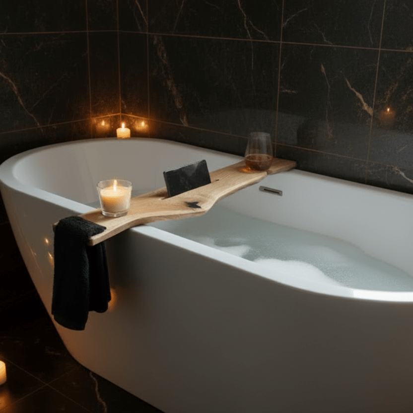 The Live Edge Board – Oak Bath Tray With Towel Holder - Wood vibes only