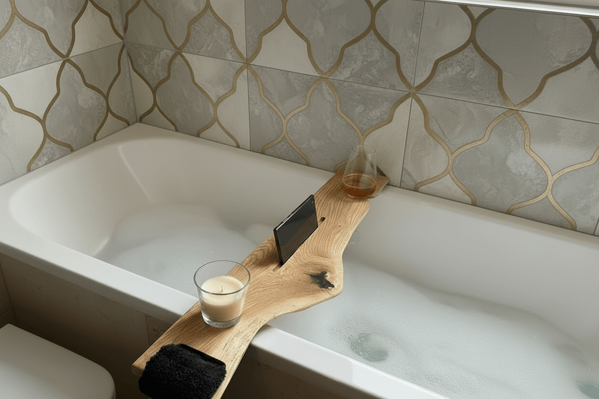 The Live Edge Board – Oak Bath Tray With Towel Holder - Wood vibes only