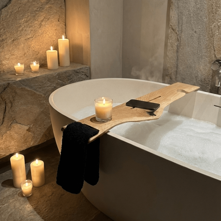 The Live Edge Board – Oak Bath Tray With Towel Holder - Wood vibes only