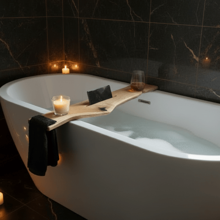 The Live Edge Board – Oak Bath Tray With Towel Holder - Wood vibes only