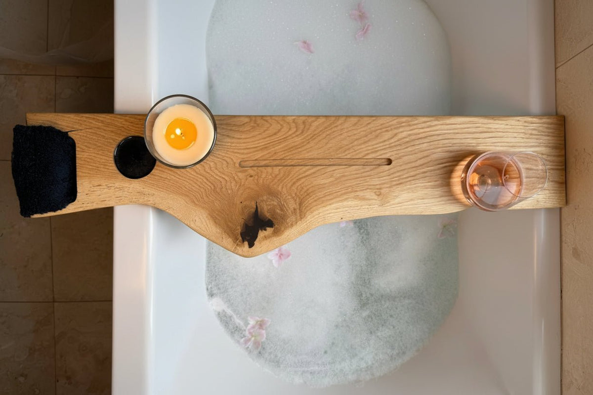The Live Edge Board – Oak Bath Tray With Towel Holder - Wood vibes only