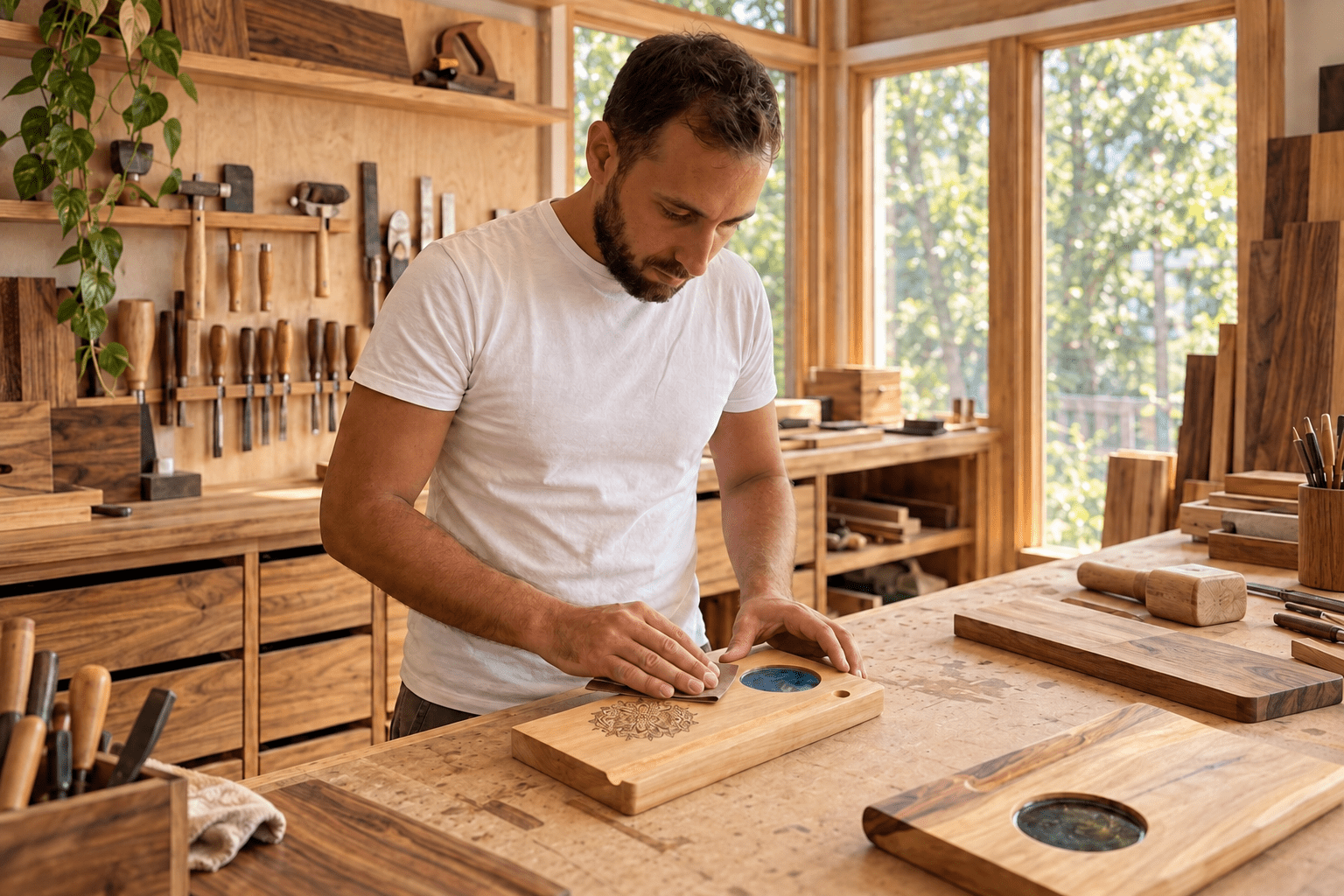 Vlad lucrând manual la o piesă Wood Vibes Only în atelier